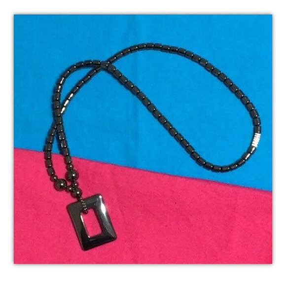 Black Hematite Necklace w/ Rectangle Pendant - Picture 2 of 10